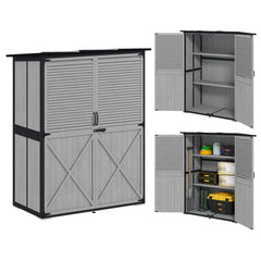 Wood Storage Shed, Outdoor Garden Shed with Asphalt Roof, 2 Shelves, Lockable Doors and Adjustable Feet, Gray