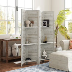 4 Panel 67" Tall Wood Privacy Screen Room Divider with 3 Shelves and Folding Storage for Bedroom, Distressed White