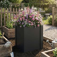 Raised Garden Bed Galvanized Planter Box Outdoor with Gloves for Gardening Vegetables, Flower, Herb, 1.4 x 1.4 x 1.5 ft, Black