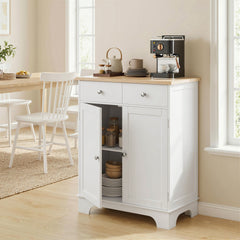 Kitchen Storage Cabinet, Sideboard Floor Cupboard with Solid Wood Top, Adjustable Shelf, and 2 Drawers, White