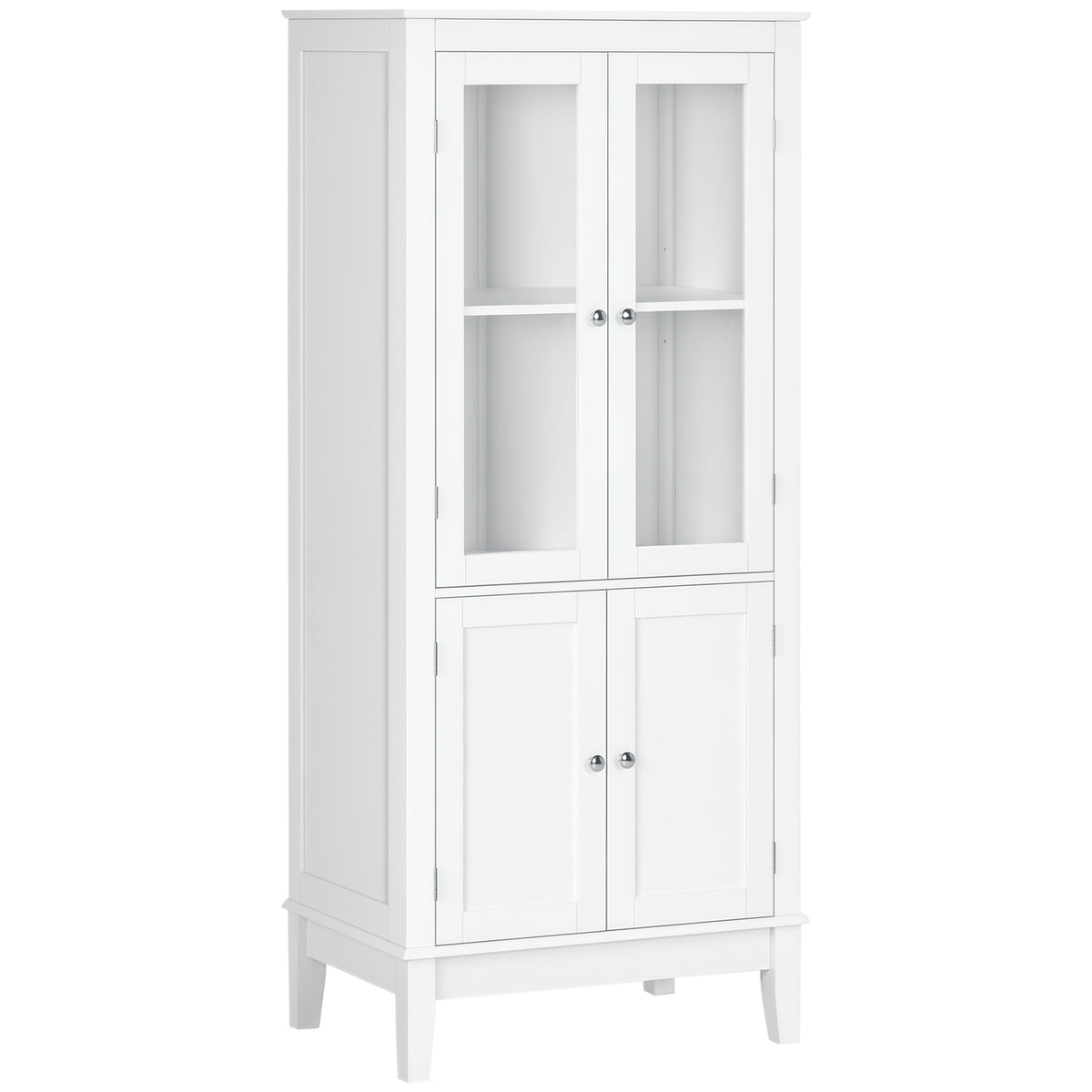 Bathroom Floor Cabinet with 2 Storage Cabinets, Tempered Glass Door, Freestanding Linen Tower with Adjustable Shelves for Living Room, White