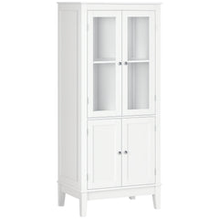 Bathroom Floor Cabinet with 2 Storage Cabinets, Tempered Glass Door, Freestanding Linen Tower with Adjustable Shelves for Living Room, White