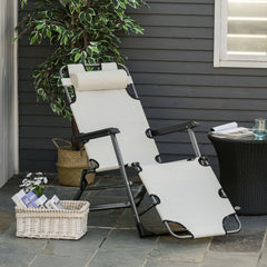 Folding Chaise Lounge Chair for Outside, 2-in-1 Tanning Chair with Pillow & Pocket, Adjustable Pool Chair for Beach, Patio, Lawn, Deck, Cream White