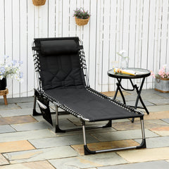 Padded Folding Chaise Lounge Chair, Outdoor 6-Level Reclining Camping Tanning Chair with Headrest for Beach, Yard, Patio, Pool, Black