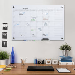 35"x23" Dry Erase Wall Calendar Glass Whiteboard Monthly Planner for Homeschool Supplies & Home Office Organization with 4 Markers and 1 Eraser,Frameless