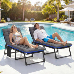 Folding Chaise Lounge Chair Outdoor Tanning Chair Set of 2 with 5-Position Backrest, Cushions, Side Pocket, Gray/Blue