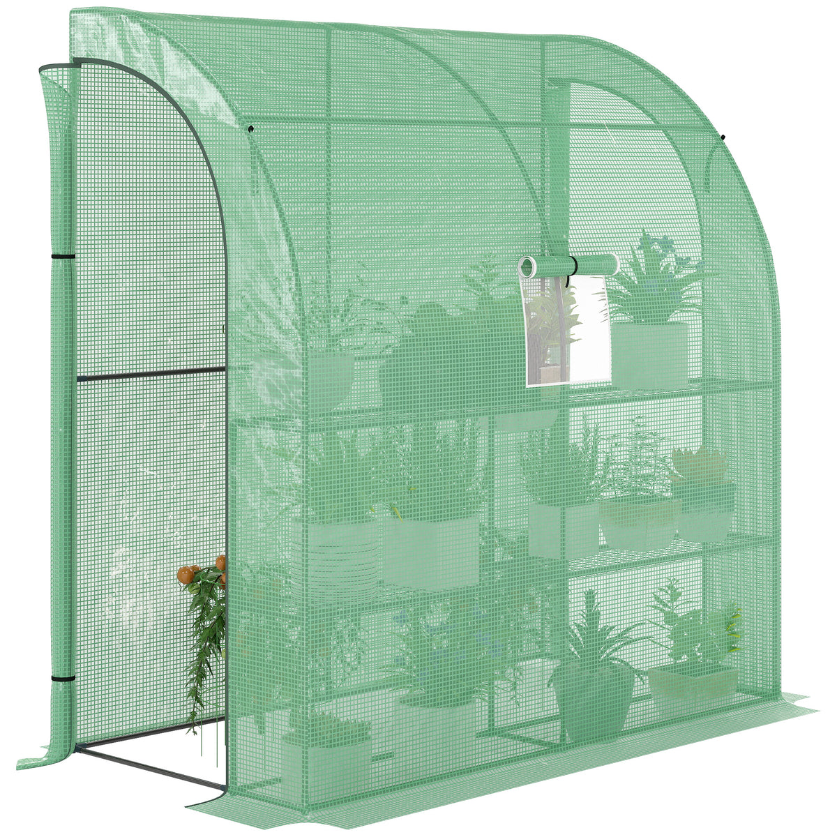 7' x 3' x 7' Lean to Greenhouse, Walk-In Green House, Plant Nursery with 2 Roll-up Doors and Windows, PE Cover and 3 Wire Shelves, Green