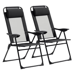 Folding Patio Dining Chairs Set of 2, Outdoor Deck Chair with Adjustable Sling Back, Camping Chair with Removable Headrest for Garden, Backyard, Lawn, Black