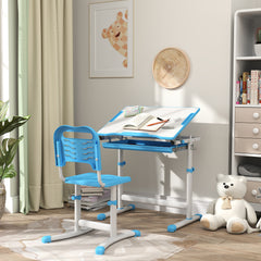 Height Adjustable Kids Desk and Chairs Set with Tilt Desktop, Storage Drawer, Pen Slot, Hook, Blue