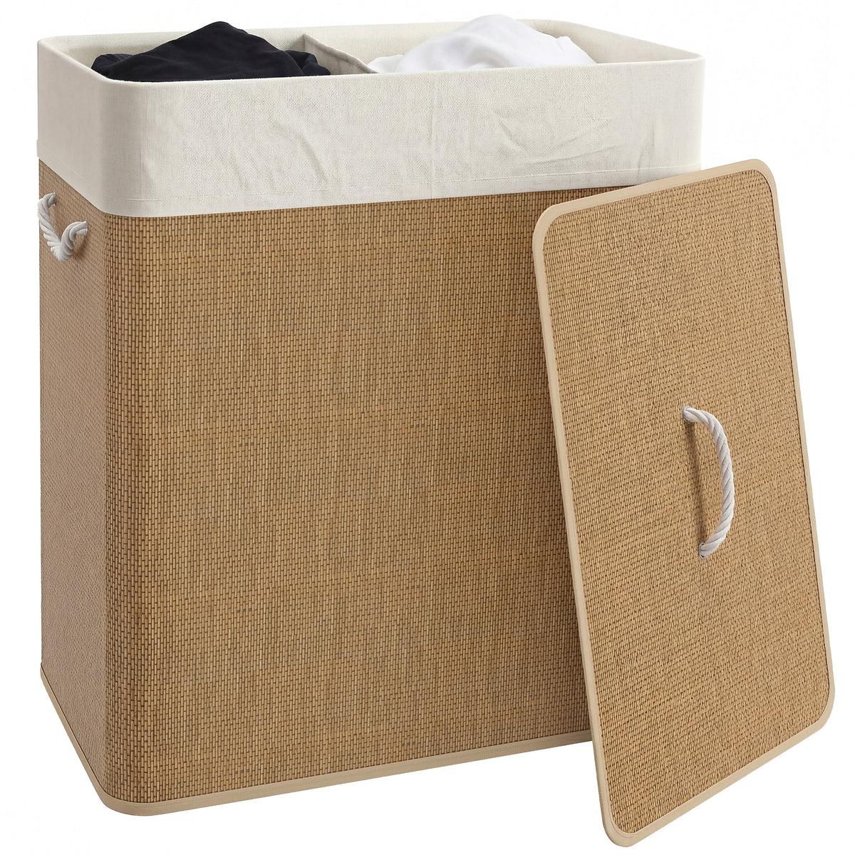 Double Laundry Basket with Lid, 26.4 Gallon Bamboo Laundry Hamper with Rope Handles and Removable Liner, Brown