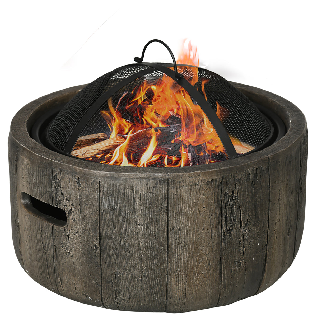 Outdoor Fire Pit, 18 Inch Metal Wood Burning Fireplace with Spark Cover, Poker, Woodgrain Design for Patio, Picnic, Backyard, Dark Brown