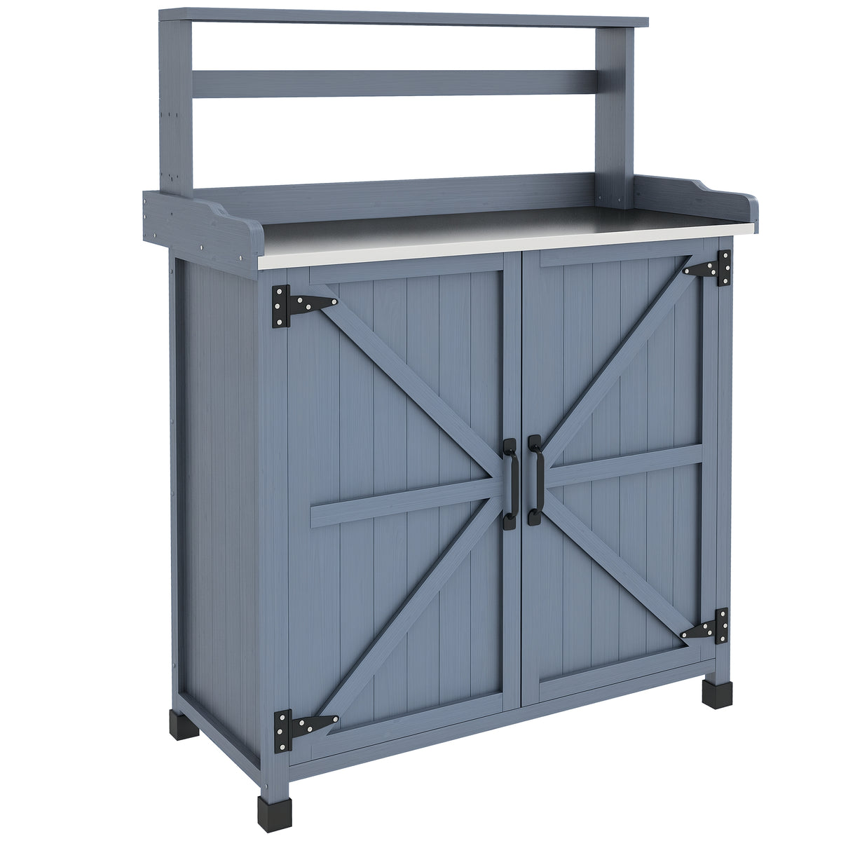 Outdoor Wooden Potting Bench with Storage Cabinet, Shelves, Galvanized Plated Tabletop for Backyard, Balcony, Gray