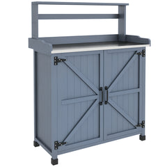 Outdoor Wooden Potting Bench with Storage Cabinet, Shelves, Galvanized Plated Tabletop for Backyard, Balcony, Gray
