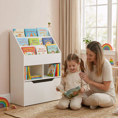 Kids Bookcase Multi-Shelf Book Rack with Mobile Drawer for Books, Toys, White