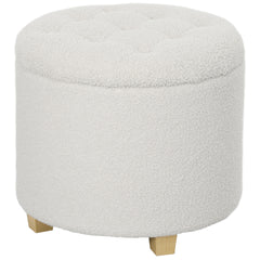 18" Round Ottoman with Storage, Teddy Fleece Button Tufted Foot Stool with Lid, Wood Legs for Living Room Hallway, White