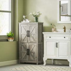 Bathroom Floor Storage Cabinet, Farmhouse Bathroom Cabinet with 4 Doors and Adjustable Shelf, Light Gray