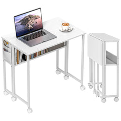 Folding Computer Desk, Foldable Desk with Storage Bag, Shelf and Wheels for Small Spaces, Home Office, White