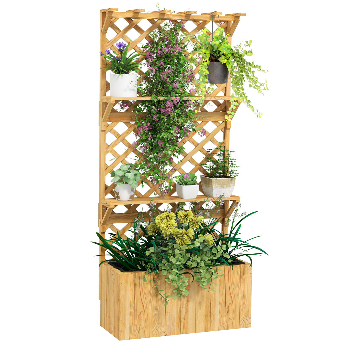 Raised Garden Bed, Wooden Planter with Trellis, Hanging Roof, Plant Shelf, Drainage Holes and Bed Liner, Natural