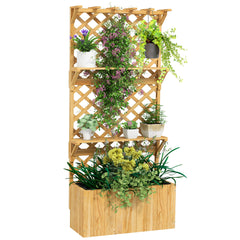 Raised Garden Bed, Wooden Planter with Trellis, Hanging Roof, Plant Shelf, Drainage Holes and Bed Liner, Natural