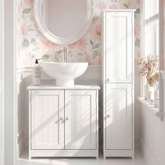 Pedestal Sink Storage Cabinet, Bathroom Sink Cabinet with U-Shape Cut-Out and Adjustable Shelf, White