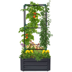 Galvanized Planter Box, 24" x 24" x 55" Raised Garden Bed with Tomato Cage for Climbing Vines, Dark Gray