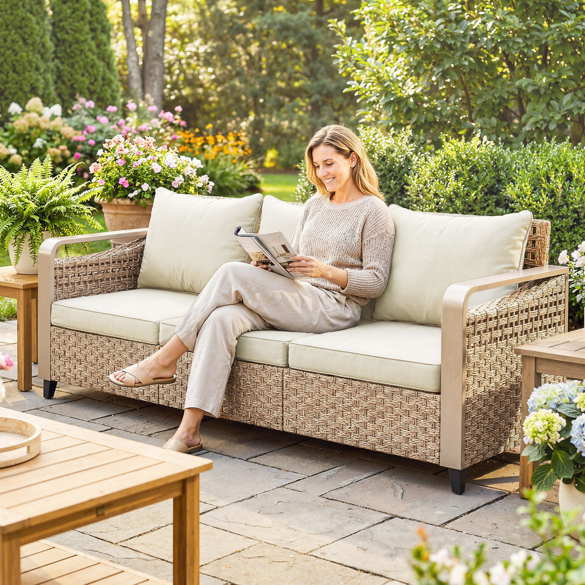 Rattan Wicker Sofa 3-Seater Outdoor Patio Sofa with Cushions for Garden Backyard Porch Beige