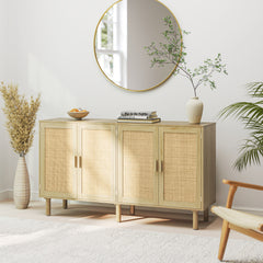 Bohemian Sideboard, 62.2" Buffet Cabinet with 4 Rattan Doors and Shelves for Living Room, Hallway, Natural
