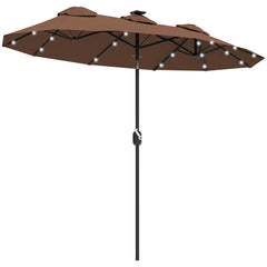 Double-sided Patio Umbrella, 9.7 ft. Outdoor Umbrella with 45-Degree Tilt and Crank, LED Solar Light and 12 Ribs, Coffee