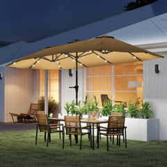 13ft Double-Sided Market Umbrella, Large Patio Umbrella with Solar Lights, Crank Handle for Garden, Pool, Yard, Khaki