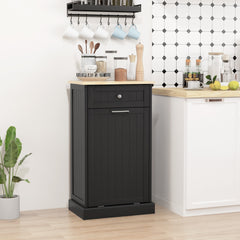 10 Gallon Tilt Out Trash Cabinet, Wooden Hidden Trash Can with Storage Drawer for Kitchen, Laundry Hamper Cabinet for Bathroom, Black