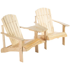 Fire Pit Seating, 2 Wooden Adirondack Chairs with Outdoor Table & Umbrella Hole, Wood 2 Person Adirondack Bench, Natural