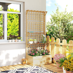 Wooden Raised Garden Bed with Trellis and Roof, Elevated Planter Box with 2 Shelves, Drainage Hole and Liner, Natural