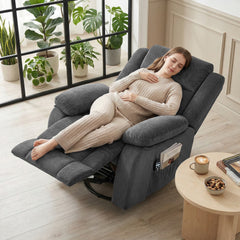 Recliner Massage Armchair with Heat, Oversized Swivel Rocker with Footrest, Remote and Side Pockets, Gray