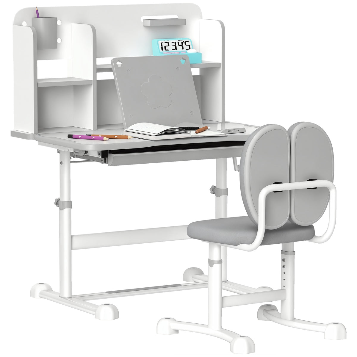 Height Adjustable Kids Desk and Chair Set for Writing Drawing w/ Tilt Desktop, Storage Drawer and Reading Rack, Gray