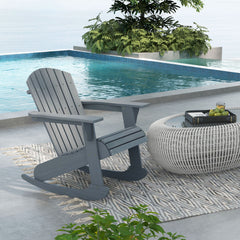 Wood Adirondack Outdoor Lounge Rocking Chair Fire Pit Seating with Slatted Wooden Design, Fanned Back, Gray