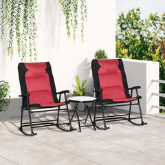 3 Piece Outdoor Patio Furniture Set with Glass Coffee Table & 2 Folding Padded Rocking Chairs, Bistro Style for Porch, Camping, Balcony, Red