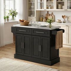 Rolling Kitchen Island Cart with 47" Stainless Steel Top, Portable Island Table for Kitchen with Wheels, Adjustable Shelves, 2 Drawers, Spice, Knife and Towel Rack, Black