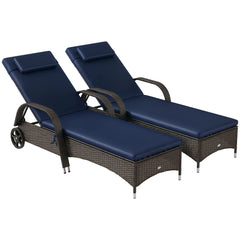 2 Reclining Chaise Lounge Chairs, Rolling Outdoor Chairs with Cushion, Pillow, Headrest, Armrests, and Wheels, Dark Blue