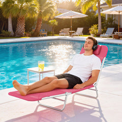 Folding Chaise Lounge Chair, Portable Tanning Chair with Adjustable Backrest, Pillow for Beach Poolside Patio, Pink