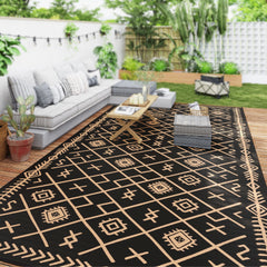 Reversible Outdoor Rug, Waterproof Plastic Straw with Carry Bag, 9' x 18', Black & Brown Rhombus