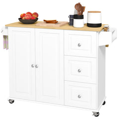 Kitchen Island with Drop Leaf, Rolling Kitchen Cart on Wheels with 3 Drawers, Cabinet, Natural Wood Top, Spice Rack and Towel Rack, White