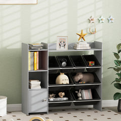 Toy Storage Organizer with 8 Bins, 2 Storage Cubbies, Shelf, Drawer, Gray