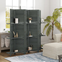 5 Panel 67" Tall Wood Privacy Screen Room Divider with 3 Shelves and Folding Storage for Bedroom, Gray