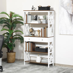 4-Tier Shelving Bookcase Storage Cupboard with Pull Out Drawer, and Wooden Frame with X Bar Stability, White