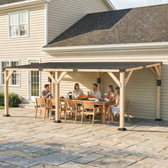 10' x 20' Wooden Gazebo, Hardtop Lean-to Gazebo Pergola with Galvanized Steel Sloped Roof, Light Walnut