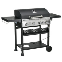 4 Burner Propane Gas Grill with Side Burner, 40,000 BTU Outdoor Barbeque with Shelves, Thermometer, Bottle Opener, Black