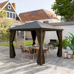 10' x 10' Hardtop Gazebo Canopy, Permanent Pavilion with Hook, Curtains, Aluminum Frame for Patio, Garden, Dark Brown