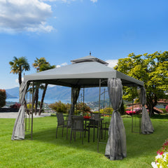 118" x 118" Steel Outdoor Patio Gazebo Canopy with Removable Mesh Curtains, Display Shelves, & Steel Frame, Gray