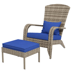 Wicker Adirondack Chair Fire Pit Chair w/ Ottoman & Cushions, Blue