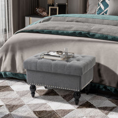 Ottoman with Storage for Living Room, 25" Storage Ottoman with Removable Lid, Button-Tufted Fabric Bench for Footrest and Seat with Wood Legs, Gray